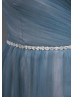 Off Shoulder Gray Blue Tulle Pleated Long Evening Dress